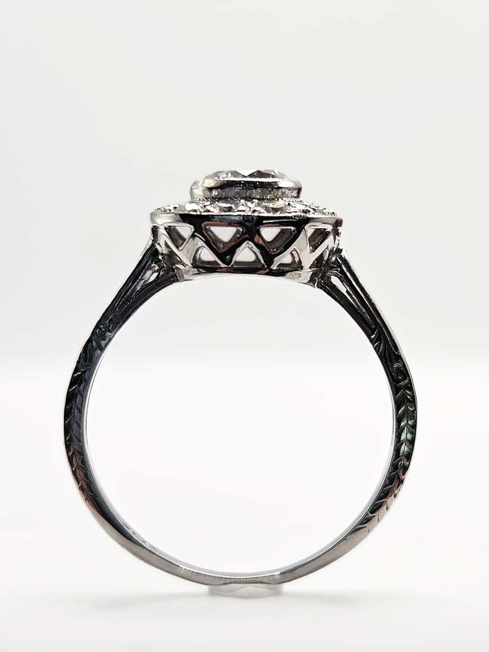 Platinum two-stone diamond ring with antique cut diamonds standing