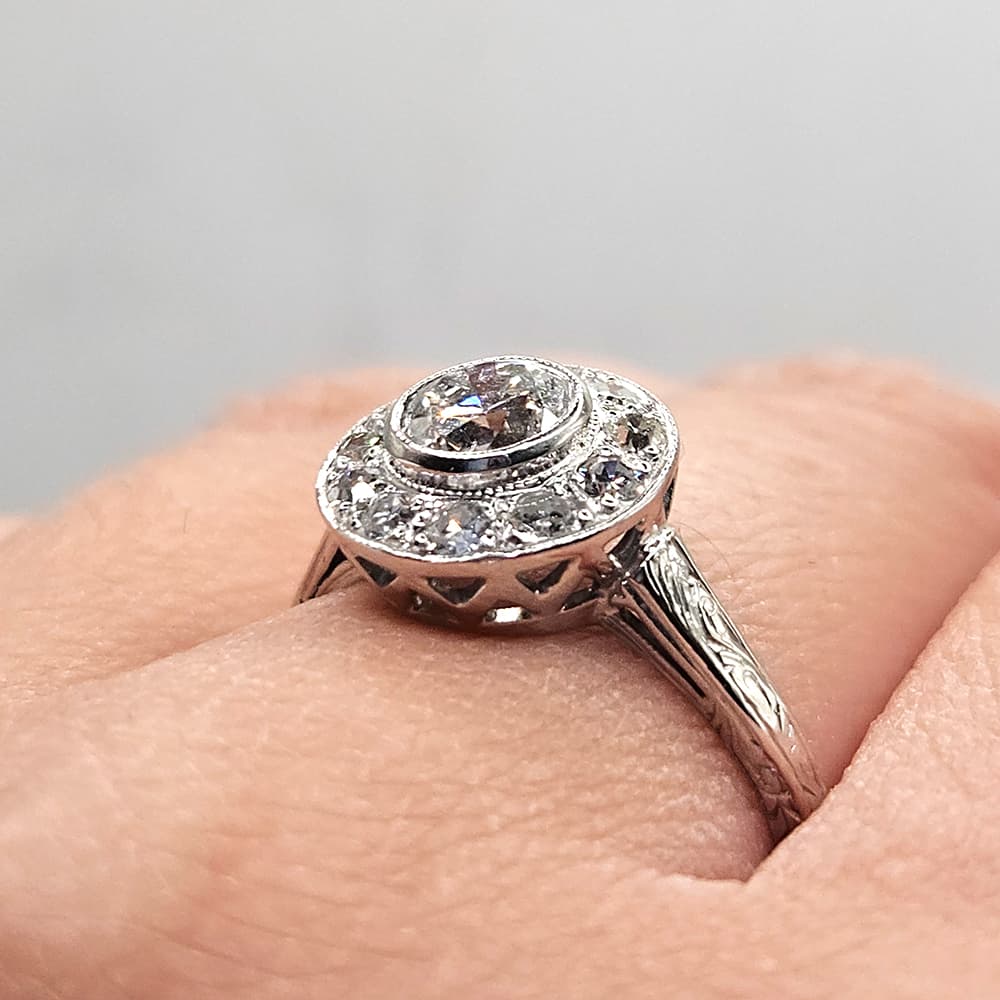 Platinum ring with 1.26ct old cut diamonds F–H colour VS1–VS2 clarity on hand